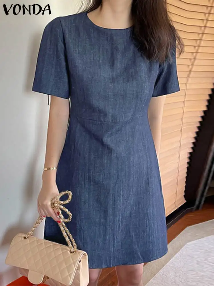 

VONDA летние платья с коротким пышным рукавом 2022 Модные женские повседневные однотонные свободные сарафаны джинсовое повседневное вечернее ...