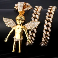 bling iced out crystal cupid angel wings pendant necklace for men women hip hop rhinestone cuban link chain necklace jewelry