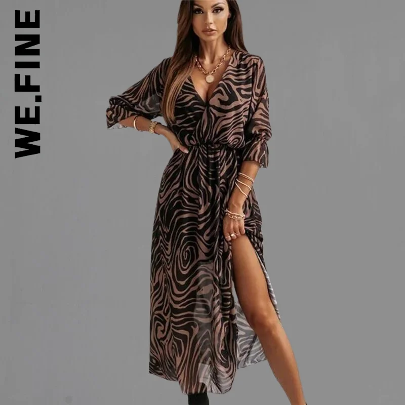 

We.Fine New Women Dress All-Match V Neck Waist Side Splits Robe Long Sleeve Loose Dress Soft Female Vestidos Women Clothing