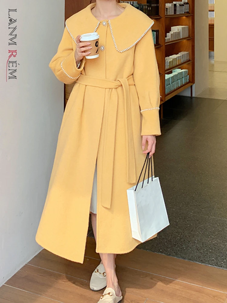 

LANMREM модное шерстяное длинное пальто для женщин с отворотом и пуговицами на поясе, однотонная одежда в Корейском стиле, новинка зимы 2023, 2AA2835