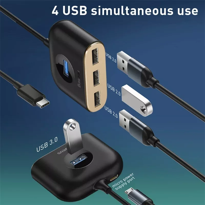 

Baseus 4 in 1 USB 3.0 HUB Adapter USB A to USB2.0 HUB For Flash Disk Mouse Keyboard Computer With Lamp USB C To USB3.0 HUB