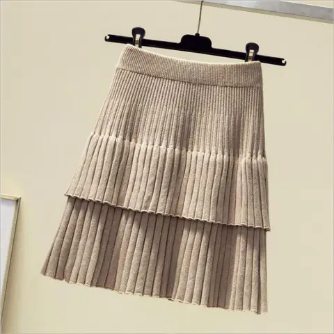 Женская трикотажная юбка с высокой талией, плиссированная юбка в Корейском стиле с эластичной талией, весна-осень