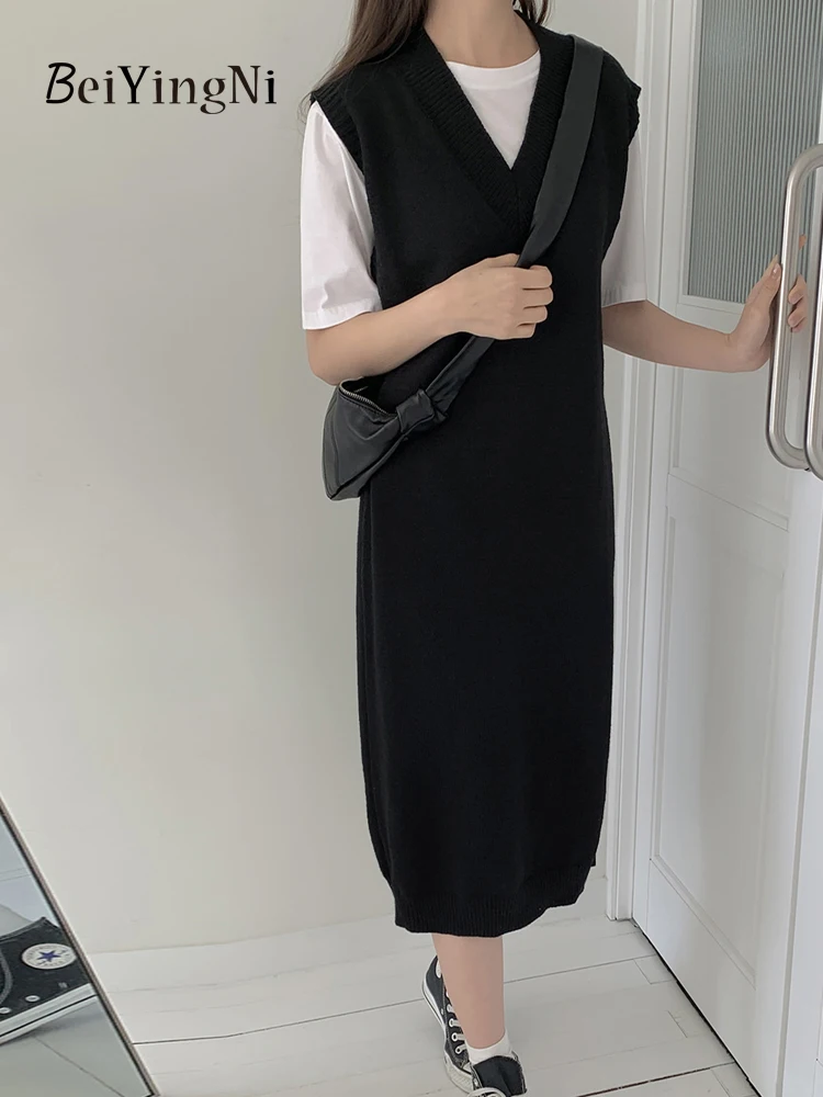 

Beiyingni Autumn Winter Knitted Sundress Women Loose V-neck Casual Oversized Sweater Dress Korean Sleeveless Lazy Warm Vestidos