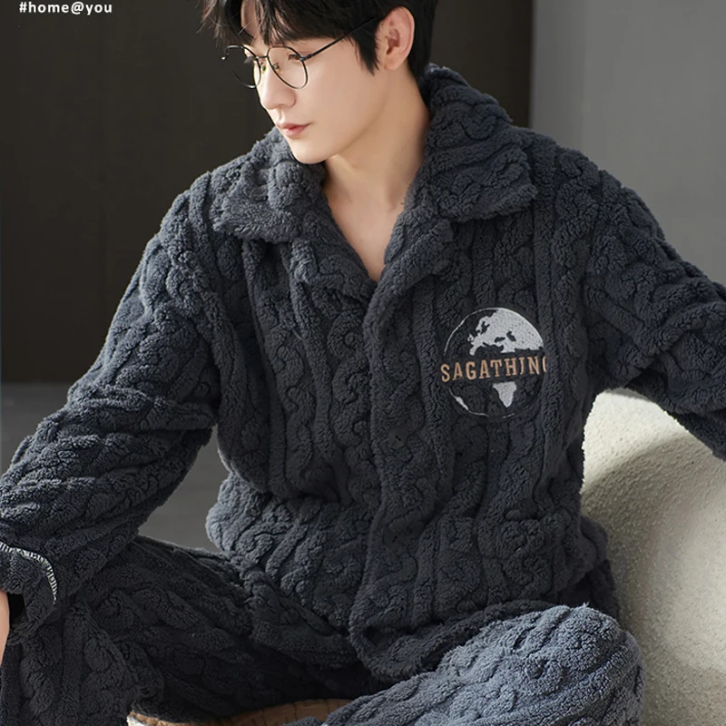 QUHENG Newest Flannel Men's Winter Thicken Warm Pajamas Sets Male Long Sleeve Trousers Autumn Nightgown Sleepwear Home Clothing