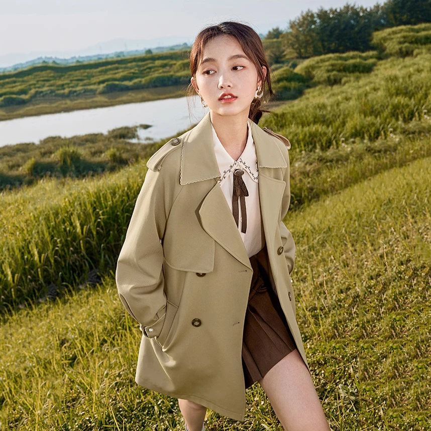 

Женская двубортная куртка средней длины, Повседневная маленькая ветровка в британском стиле, весна-осень 2022