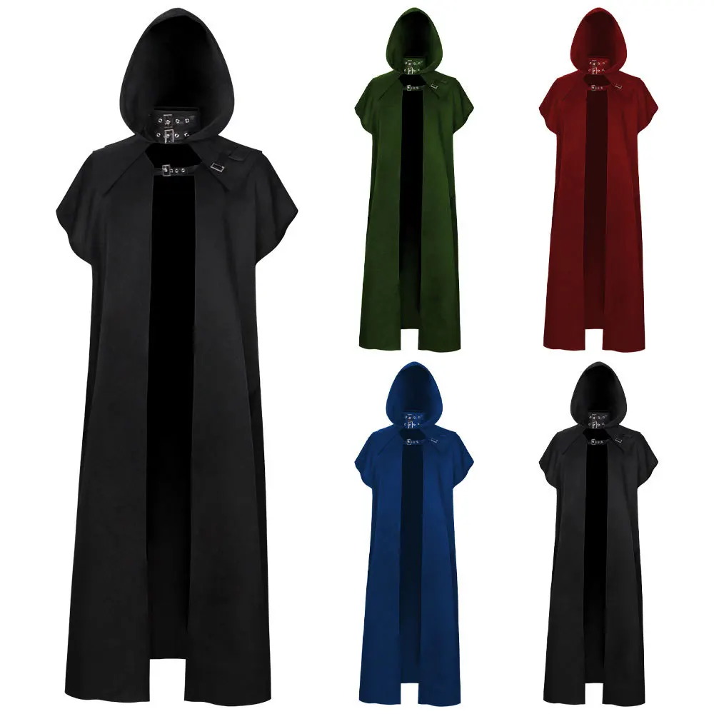 Medieval Cloak Hooded Coat Gothic Windproof Men's Trench Coat Long Cape Poncho Knight Warrior Cosplay Halloween Party Costume