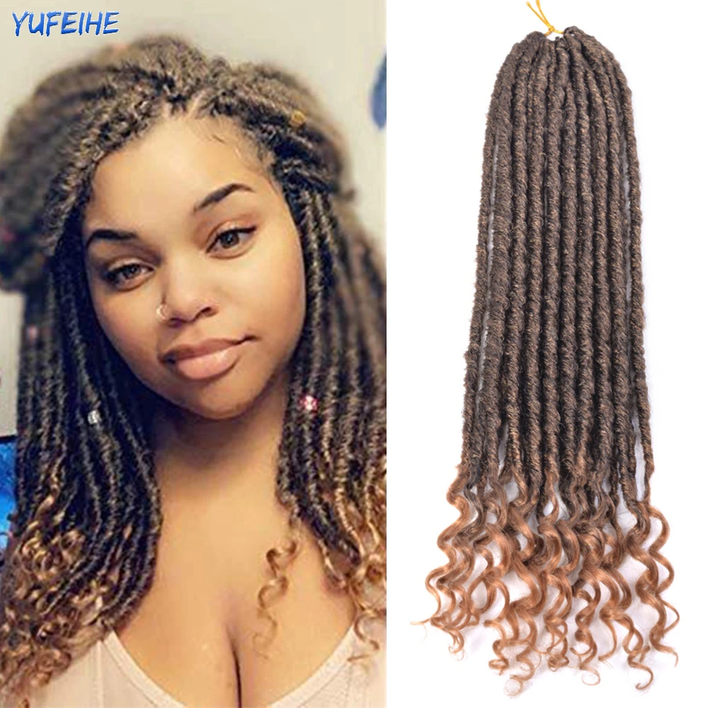 

Afro Goddess Faux Locs Crochet Hair Dreadlocks with Curly Ends Braiding Hair Extensions Fake Hair Bundle Ombre Black Dark Brown