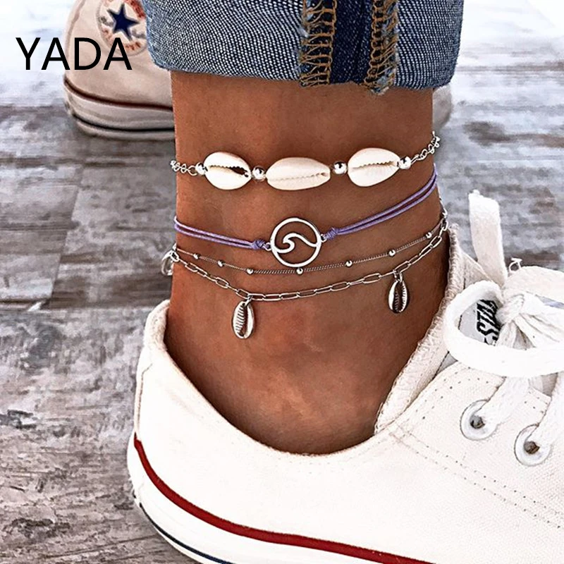YADA INS Silver Color Tassel Shell Anklets For Women Summer Beach Foot Ankle Barefoot Sandals Multilayer Ankle Female AT220007