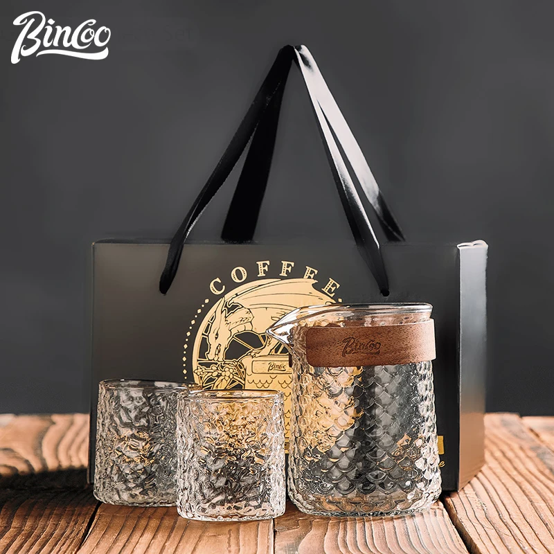

Bincoo Pour Over Coffee Server with Cup 300ml Heat-Resistant Glass Coffee Pot Set Hammer Stripes Tea Pot Barista Accessories