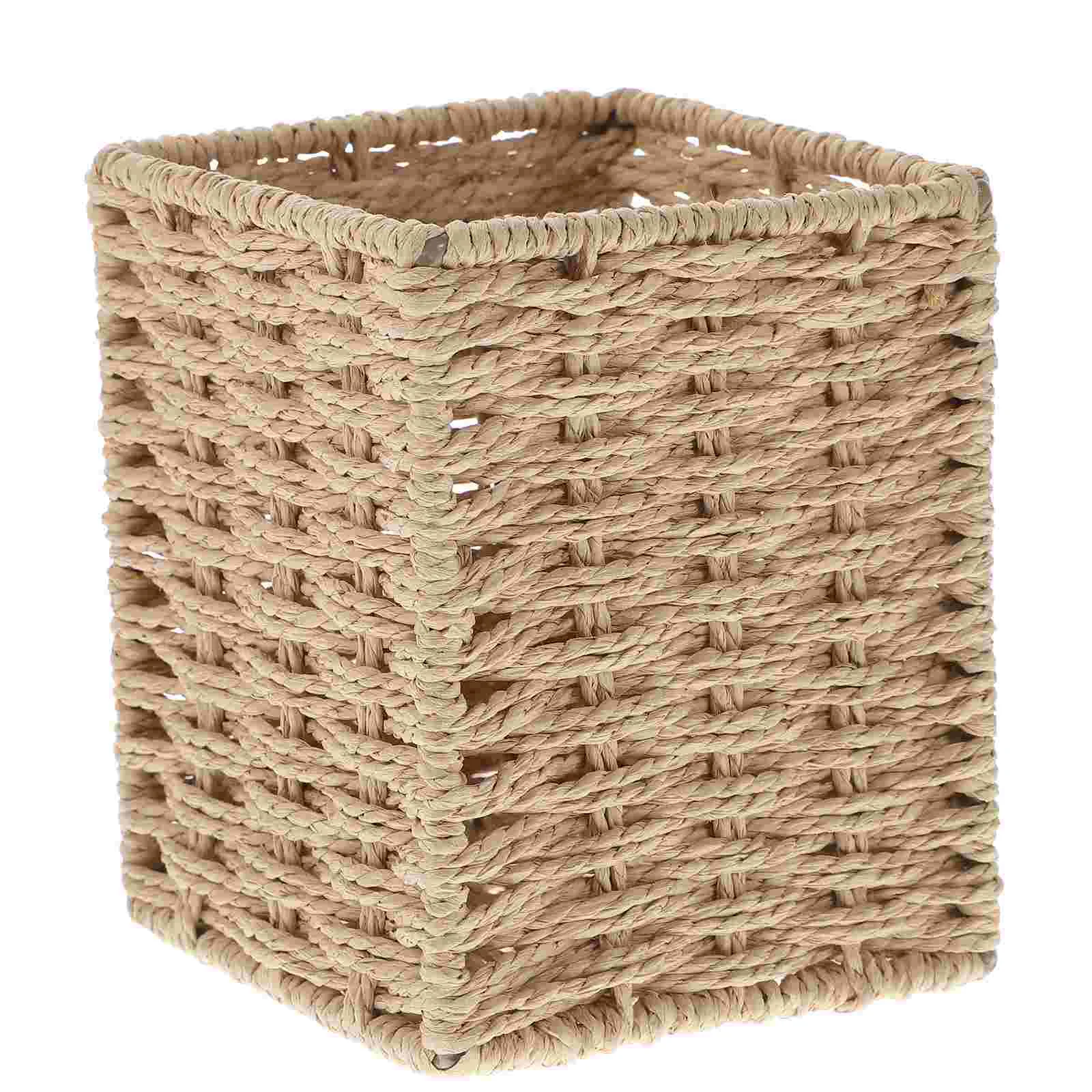 

Woven Storage Box Manual Pen Holder Basket Lid Grocery Sundries Finishing Wire Frame Small Office Square Containers Lids