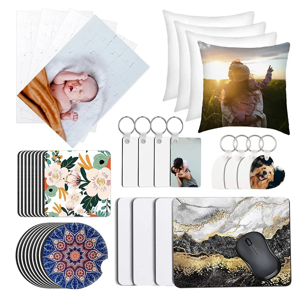 

40Pcs Sublimation Blanks Products Set DIY Blank Keychain Pillow Covers Mouse Pad for Sublimation Transfer Heat Press
