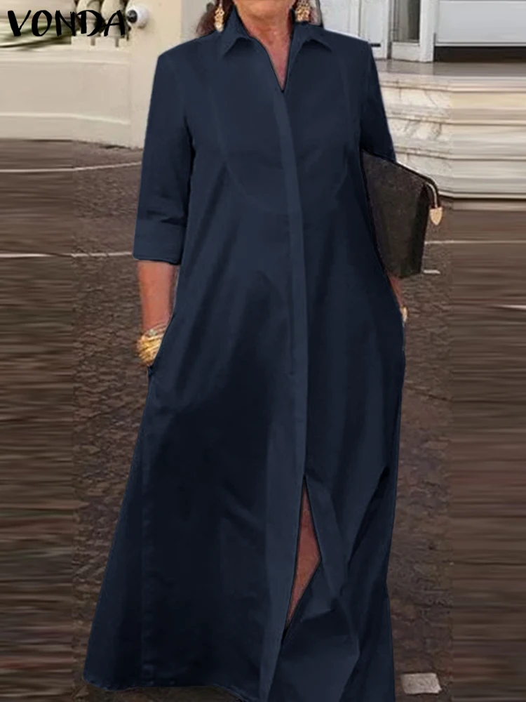 

VONDA женское элегантное платье-рубашка 2023 с длинным рукавом однотонное Длинное Макси Сарафан модные повседневные пуговицы свободные платья для отдыха
