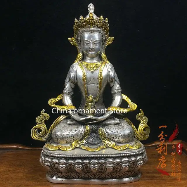 Тибетская Тантра старая серебряная позолоченная статуя Будды Непал долголетие