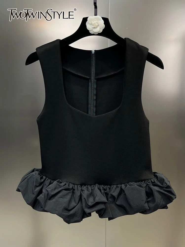 

TWOTWINSTYLE Patchwork Zipper Tank Top For Women Square Collar Sleeveless Slimming Spliced Ruffles Vest Female Fashion Clothing