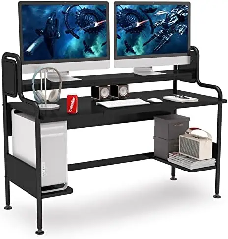

Inch Computer Desk, Large Gaming Desk with with Monitor Shelf, Hutch and Storage Shelves, Studio Workstation Desk Studying Writi