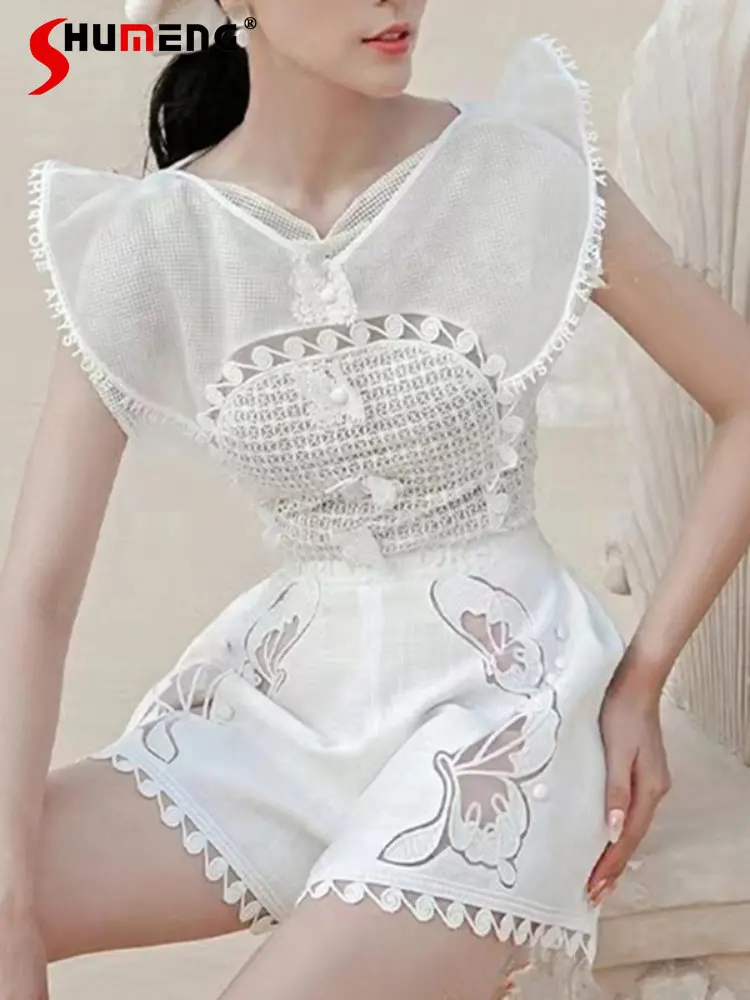 

Sleeveless Three-Dimensional Flower Cutout Blouse Woman 2023 Spring New Socialite Lace Ruffled High Waist Shorts Two-Piece Set