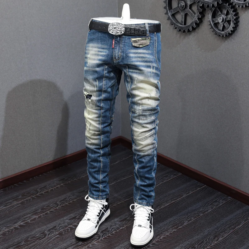 Street Fashion Men Jeans Retro Blue Stretch Elastic Slim Fit Ripped Jeans Men Spliced Designer Hip Hop Denim Biker Pants Hombre