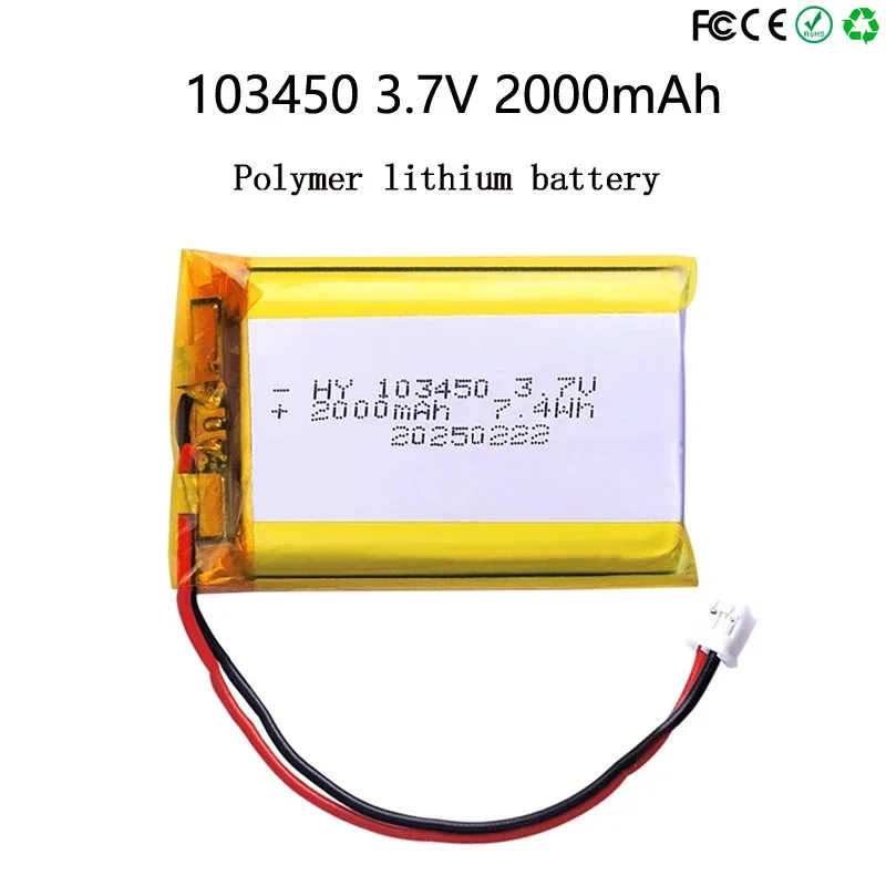 103450 3.7V 2000mAh akumulator litowo-polimerowy jst PH 2.0mm 2pin wtyczka do aparatu GPS nawigator MP5 zestaw słuchawkowy Bluetooth