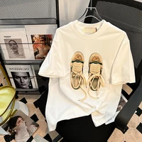 spring and summer fashion loose fun three dimensional shoelace decoration short sleeved t shirt womens summer