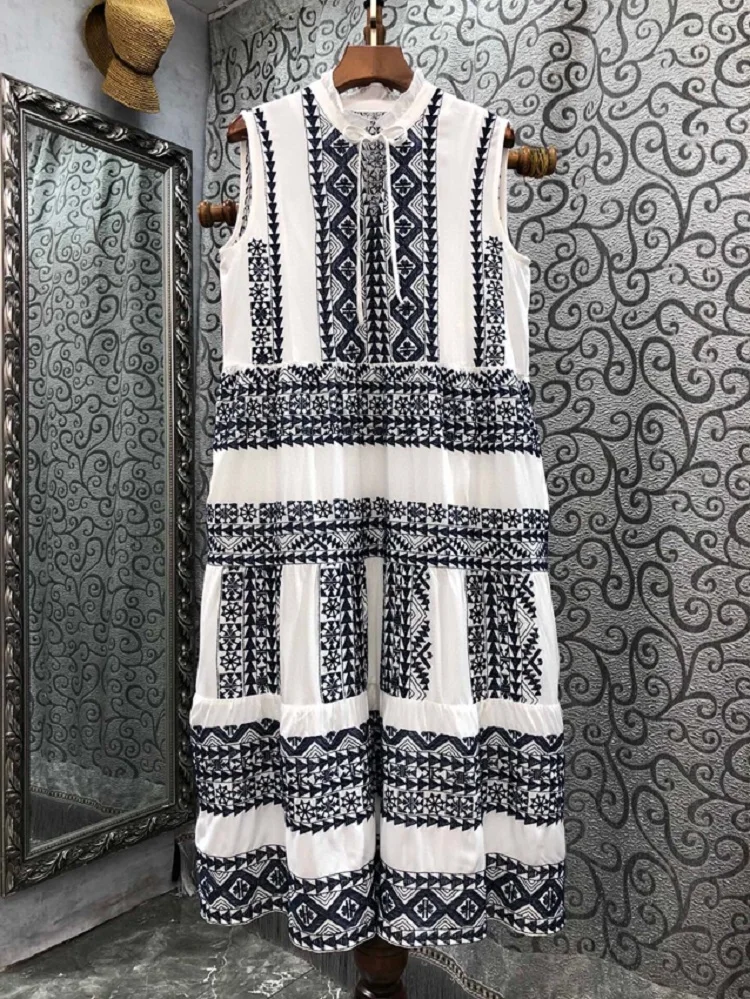 100%Cotton Dress 2023 Summer Style Women Allover Exquisite Embroidery Bow Deco Sleeveless Mid-Calf White Black Vintage Dress
