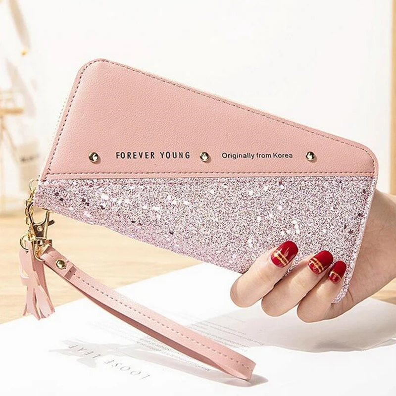 

Long Wallet For Women Patchwork Sequin Clutch Bag Glitter Pu Leather Ladies Phone Bag Card Holder Coin Purse Female Wallets