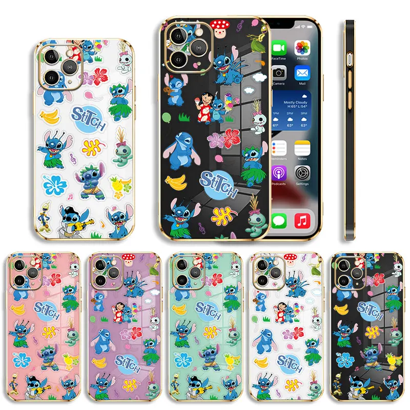 

Stitch Sing And Dance Luxury Soft Plating Phone Case For iPhone 13 12 11 Pro Max Mini X XR XS Max 7 8 6 6s Plus SE Cover
