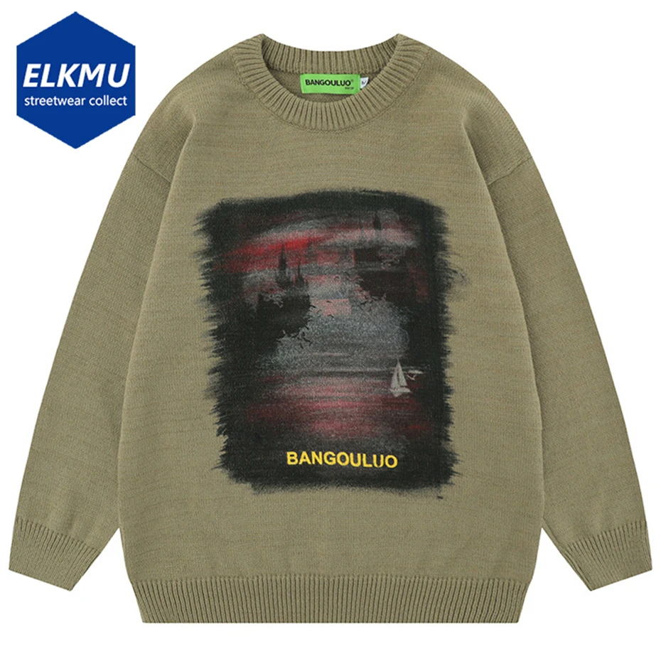 

Men Streetwear Hip Hop Sweater Vintage Printed Harajuku Oversized Knitted Pullover Y2K Sweater Man 2023 Autumn Winter Jumpers