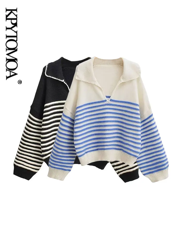 

KPYTOMOA Women Fashion Oversized Striped Knit Sweater Vintage V Neck Long Sleeve Female Pullovers Chic Tops