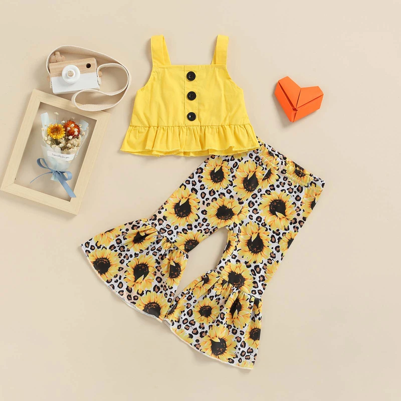 

0-4Y Summer Toddler Girls Two-Piece Suit Baby Sleeveless Ruffle Hem Sling Tops +Sunflower Print Flared Pants 2pcs Clothes Sets