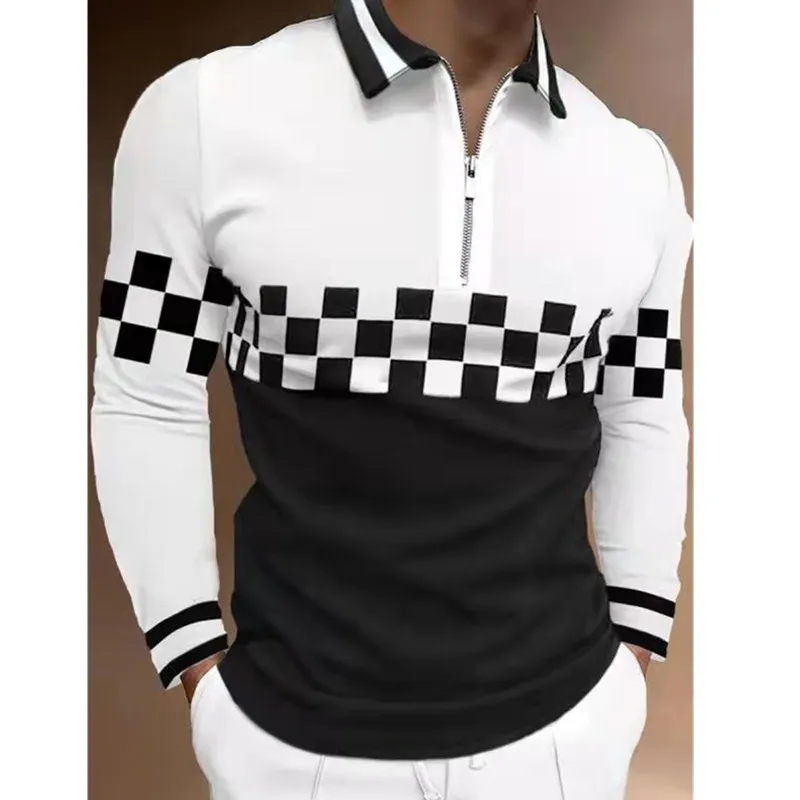 

Hot Sale Men's Clothing Black White Long Sleeve Men Polo Shirts Casual Fashion Turn-down Collar Zipper Design Long Sleeve Tops