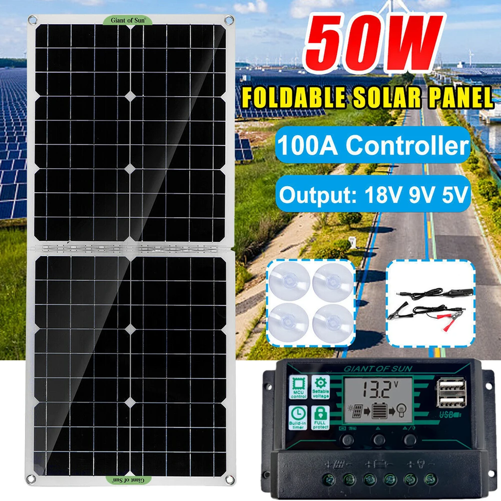 

50W Foldable Dual USB Output Waterproof Solar Panel with 100A Controller Portable Outdoor Camping Power Battery Cells Charger