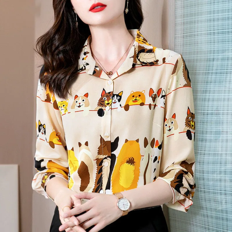 Fashion Lapel Printed Button All-match Shirt Women's Clothing 2023 Spring New Casual Tops Long Sleeve Office Lady Blouse