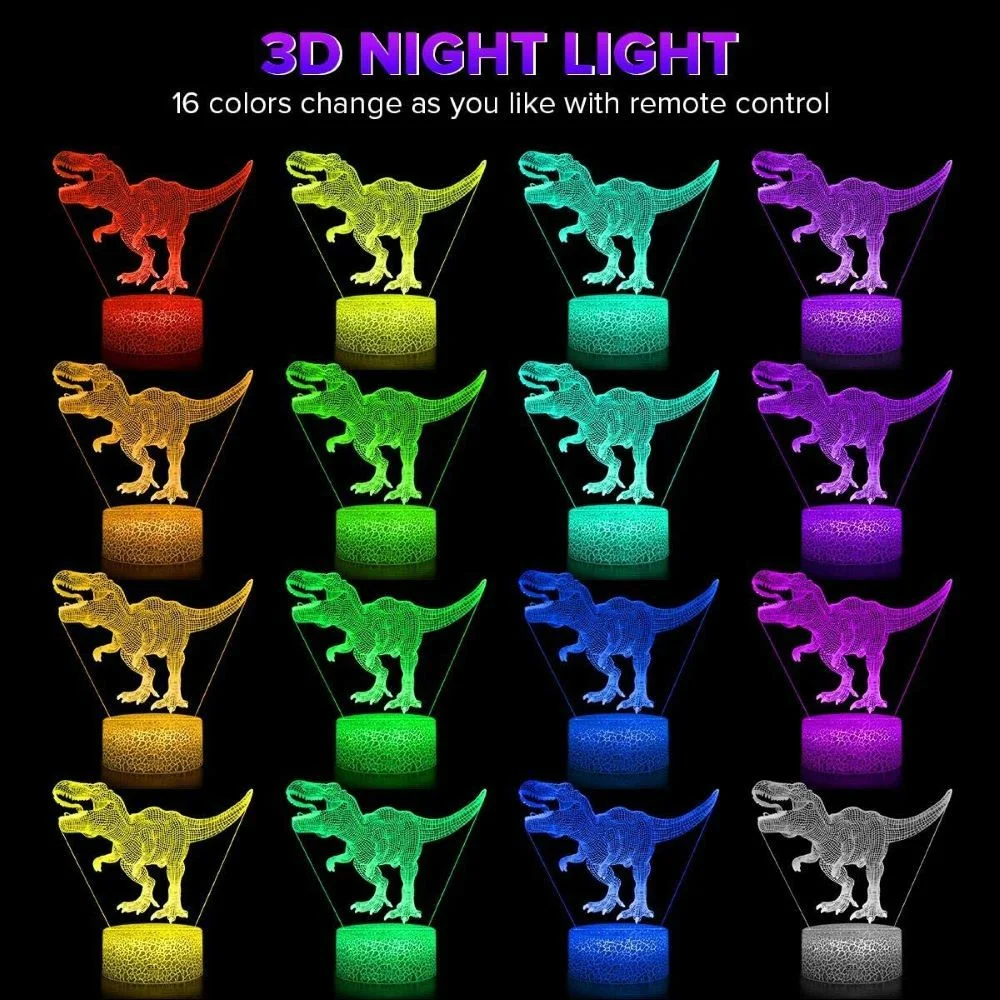 

Dinosaur 3D Lamp Illusion Night Lights for Children 16 Colors Changing with Remote Control Nightlight Bedroom Kids Gifts Boys