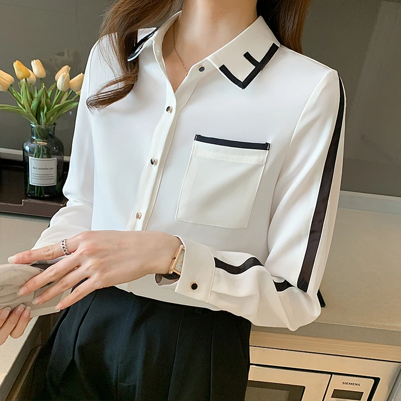 

White Color Chiffon Long Sleeve Office Lady Clothing 2022 Spring Autumn Polo-Neck Shirts For Women Korean Fashion Blouses