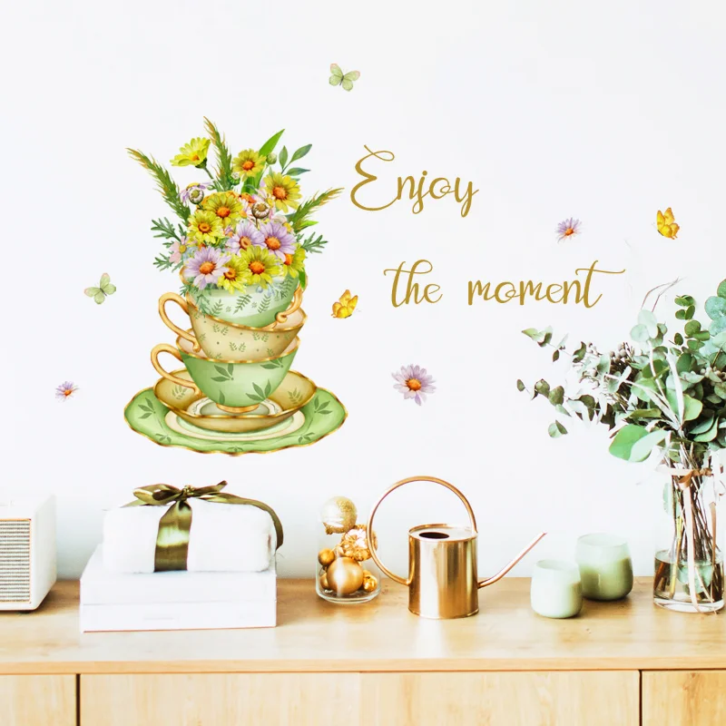 

Flower Plates Coffee Cup Afternoon Tea Wall Sticker Restaurant Kitchen Decoration Wallpaper Wall Decal Self Adhesive Posters