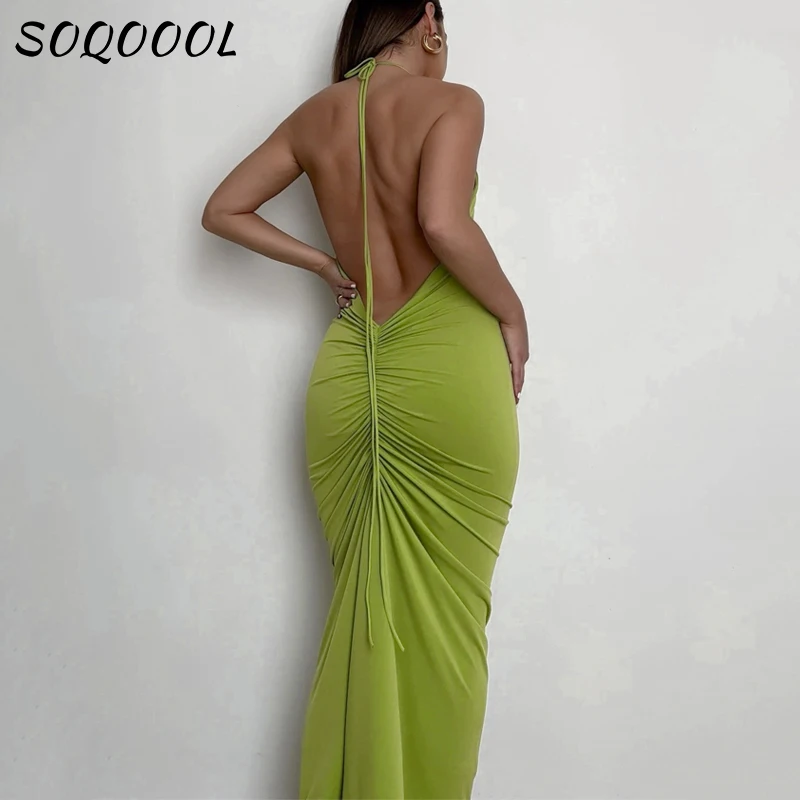 

Backless Maxi Dress Women Summer Y2K Sexy Halter Spaghetti Strap Sleeveless Vacation Beach Party 2022 Elegant Long Dresses Green