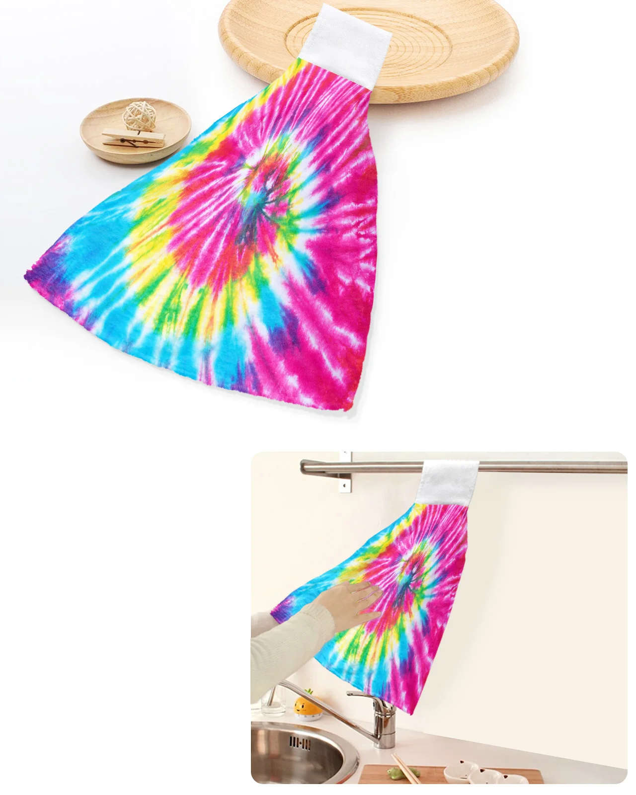 

Rainbow Tie-dye Color Ethnic Hand Towels Home Kitchen Bathroom Hanging Dishcloths Loops Quick Dry Soft Absorbent Custom Towel