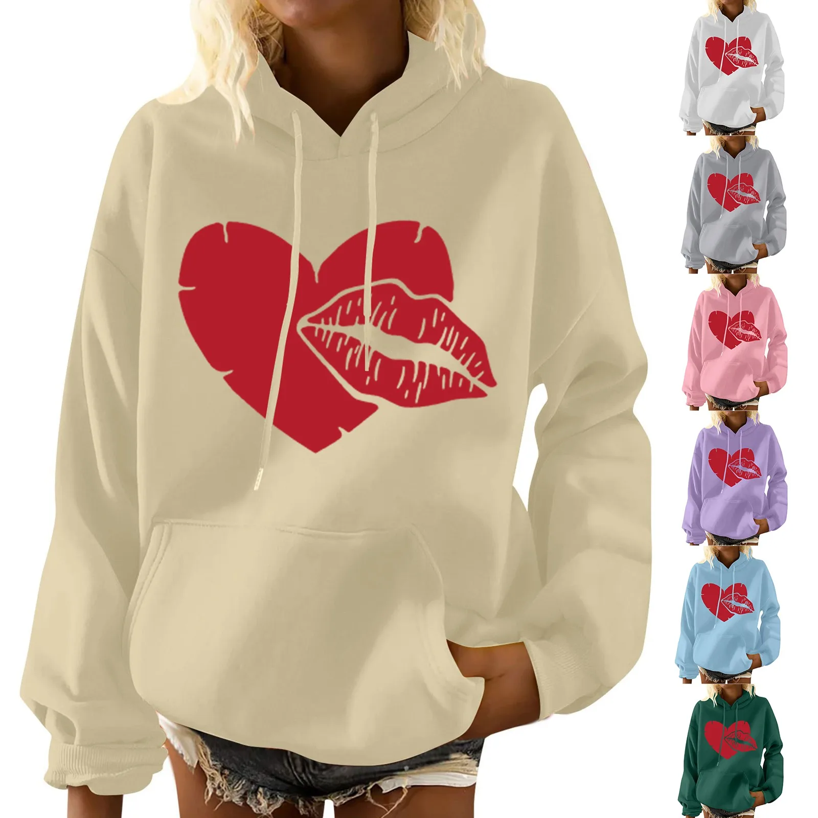 

Women's Valentine's Day Heart And Lip Printing Long Sleeve Casual Solid Pullover Sweatshirt Hoodie Thick Blouse Womens Hoodie