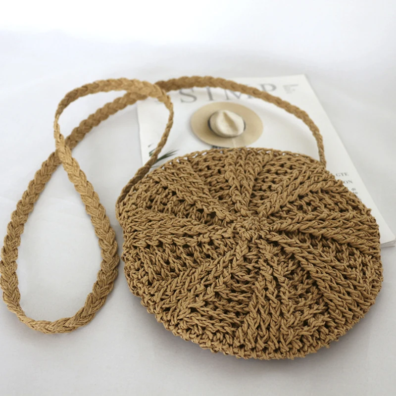 

Rattan Woven Women's Bag Round Straw Designer Beach Handbag Knitting Summer Ladies Crossbody High Quality Woman Shoulder Bag