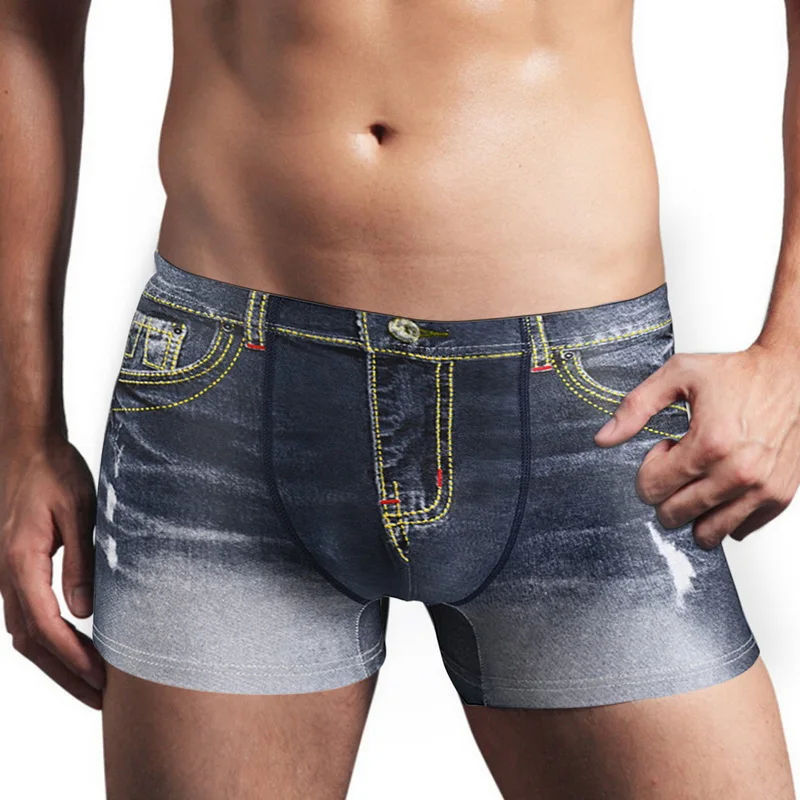 Male U Convex Pouch Boxers Short Pants Mens Briefs Shorts Boxers Faux Denim Jeans Print Sexy Male Underwear Underpants Summer