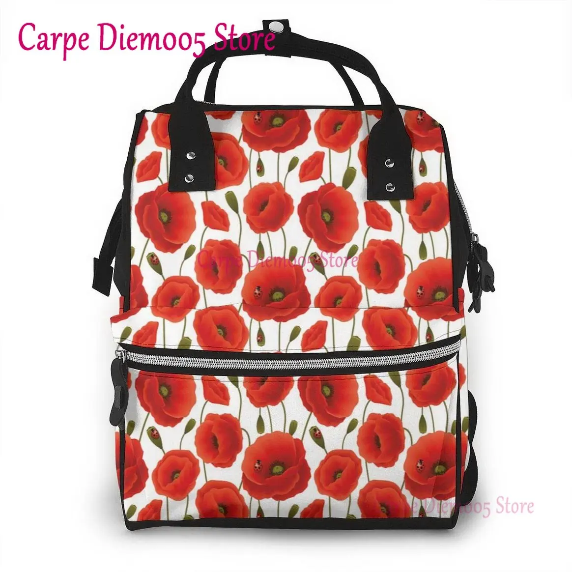 

Red Flowers Prints Diaper Bags Mummy Backpack Large Capacity Nappy Bag Nursing Bag for Traveling Multi Functions Waterproof