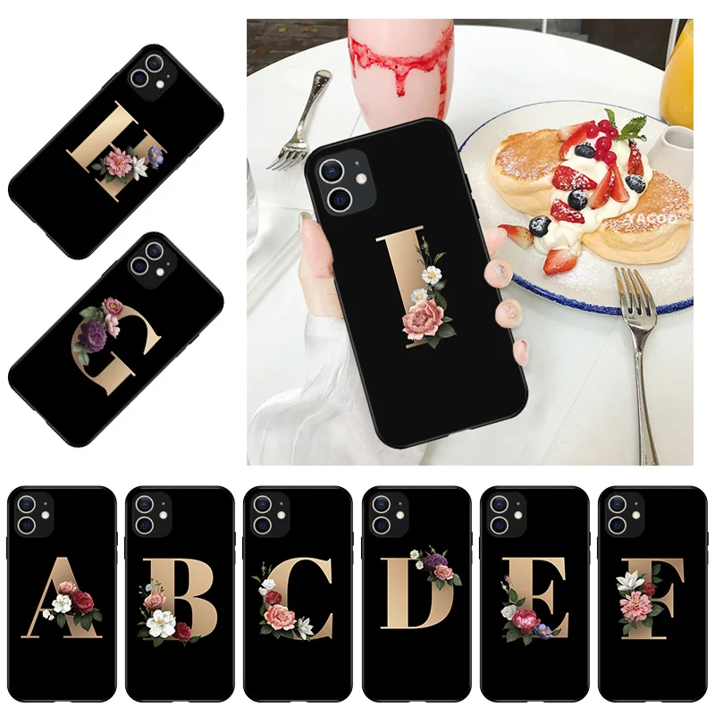 

Soft TPU Black Phone Case For iPhone 11 Pro Max XR 7 8 Plus SE 2020 X XS Max Flower Custom 26 English Name Letters Initial Cover