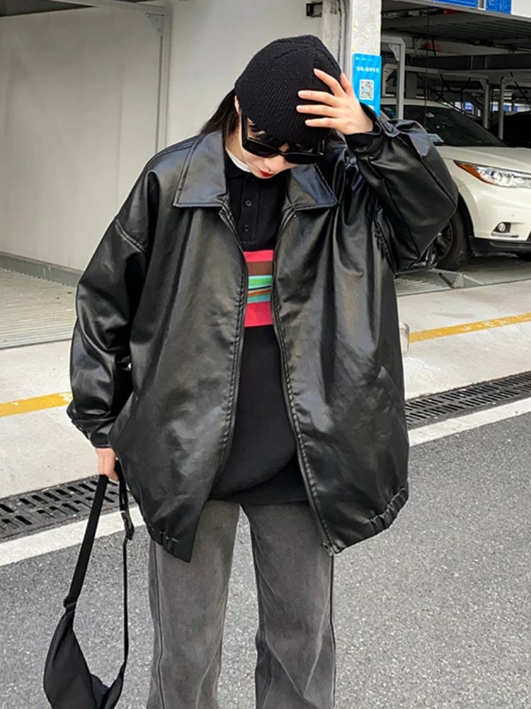 Korean Black Leather Jacket Women 2022 Autumn Loose Thin Long Biker Jacket Female Zipper Streetwear Fashion Harajuku Y2K Coat