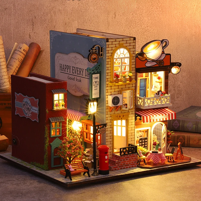 Library Building Model Tiny House Furniture Wooden Toys Christmas Gift