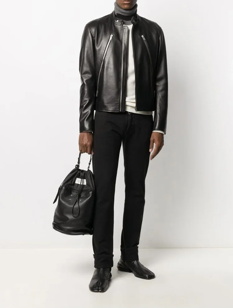 Мужская кожаная куртка из овечьей кожи с воротником-стойкой