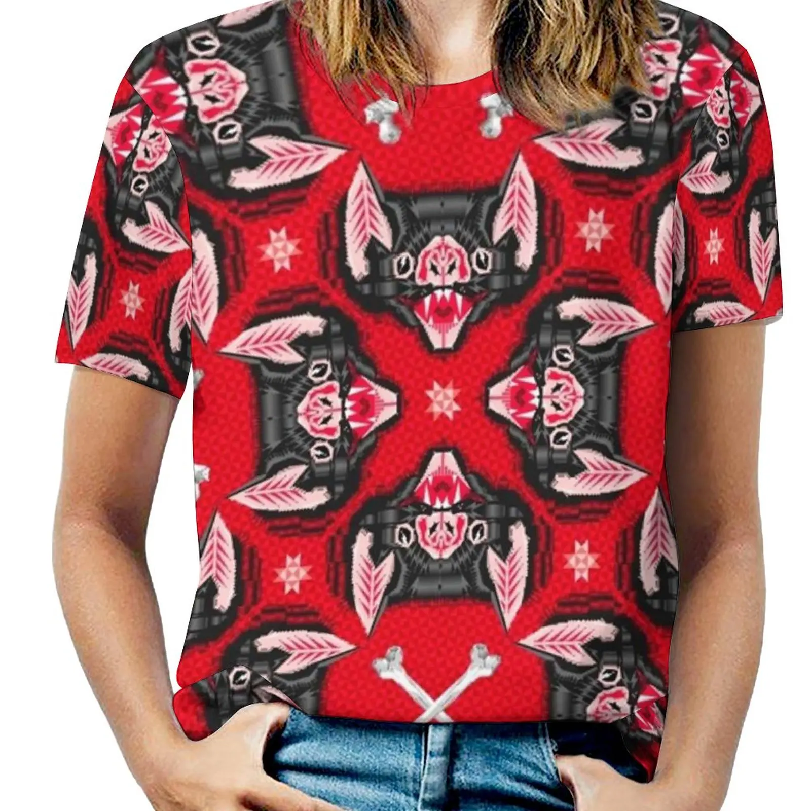 

Bat Head Pattern Woman'S T-Shirt Spring And Summer Printed T Shirts Crew Neck Pullover Top Bat Bathead Vampire Goth Gothic