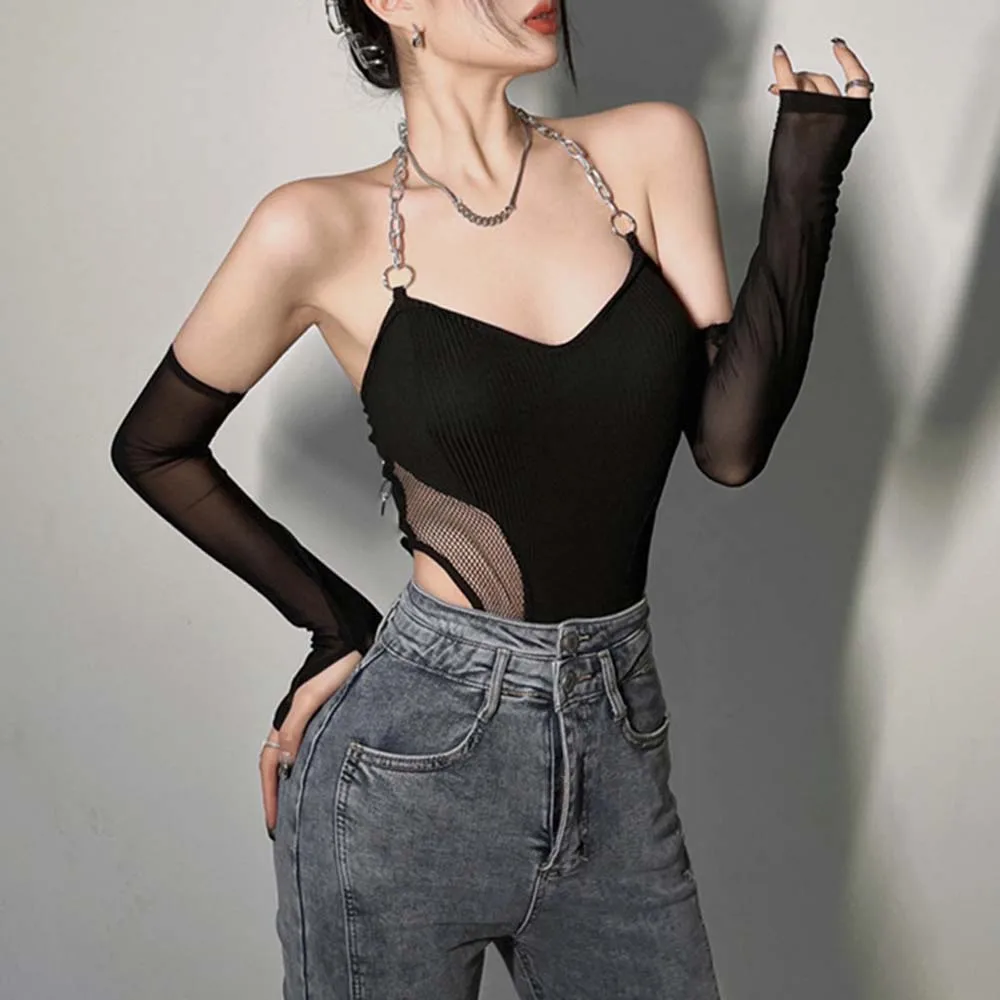 

Женское боди с металлической цепочкой, сетчатым верхом и открытой спиной