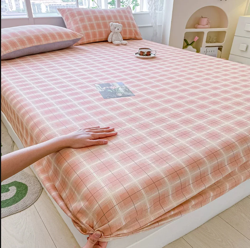 

100% Cotton Fitted Sheet With Elastic Bands + 2pc Pillowcases Non Slip Bed Sheet Single Double King Queen Bed 140/160/200cm B99E