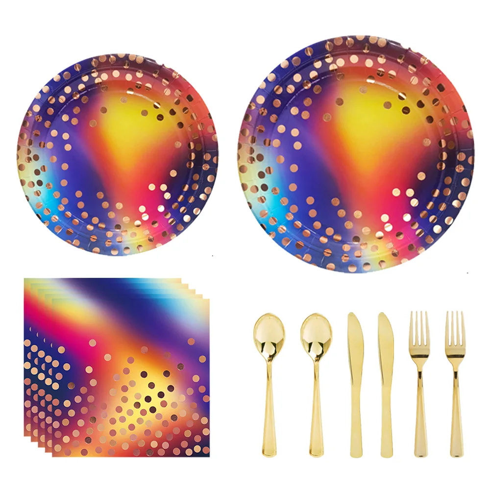 

Color Bronzing Foil Happy Birthday Paper Plates Cups Napkins set Disposable Party Dinnerware Supplies for Kids Home Decorations