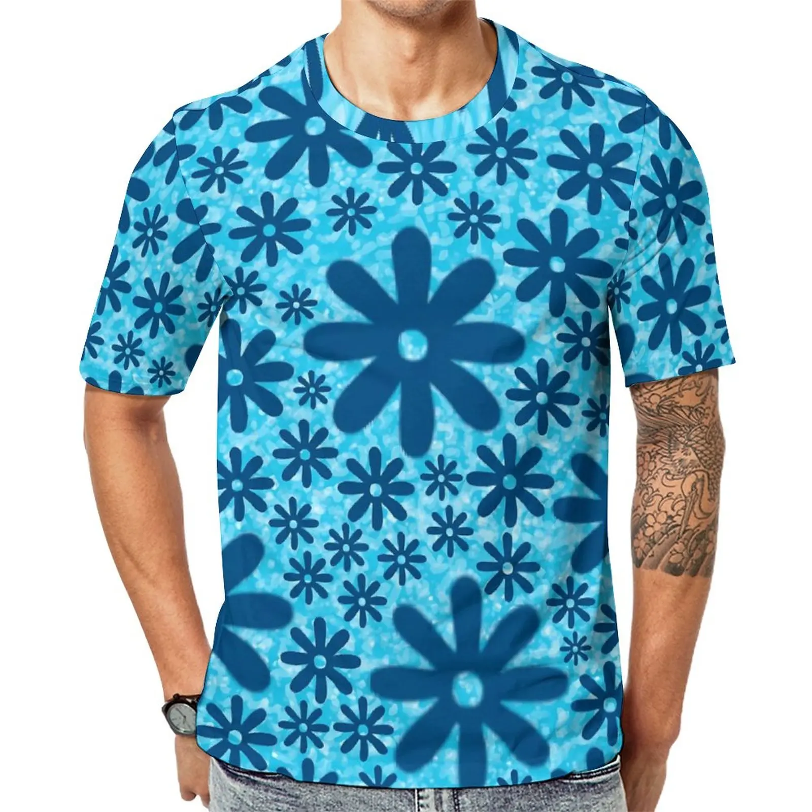 

Blue Daisy Print T Shirt Men Retro Flowers Street Style T-Shirts Summer Trendy Tees Short Sleeve Graphic Oversized Tops